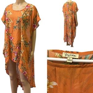 Lily White Orange Floral Print High Low Tunic Blouse Semi Sheer Womens Large